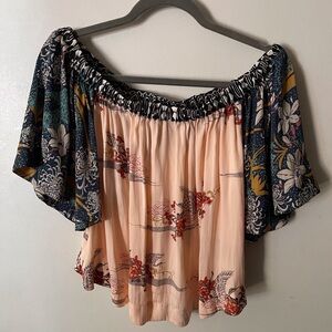 Free People Peach and Navy Floral Blouse